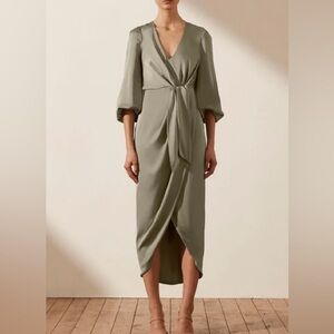 SHONA JOY LUXE TIE FRONT BALLOON SLEEVE MIDI DRESS - EUCALYPTUS, Size 12 NWT